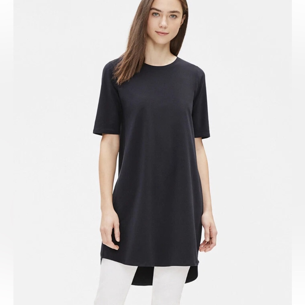 Eileen Fisher Cotton Stretch Black Tunic Dress Size XS Minimalist Modest